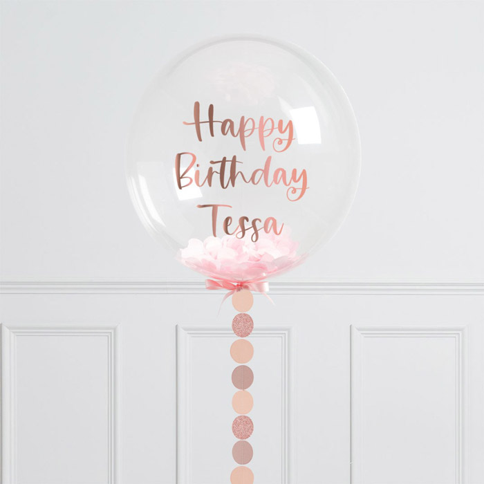 Personalised Rose Gold Circle Confetti Helium Bubblegum Balloon - FREE DELIVERY