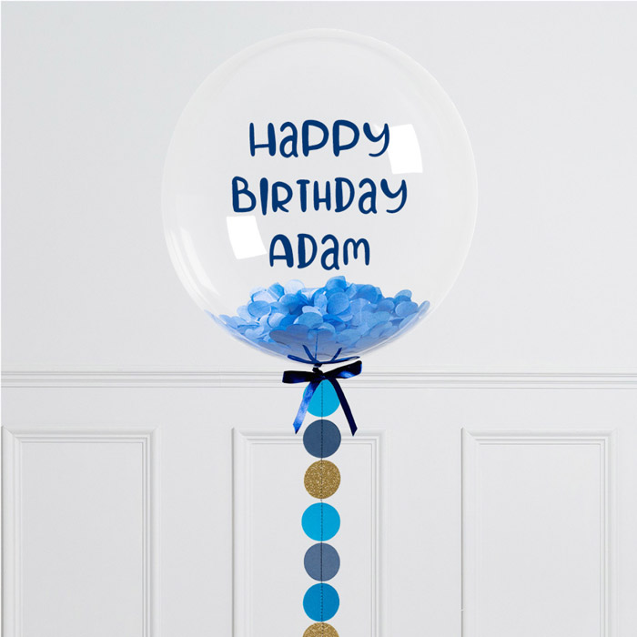 Personalised Blue Circle Confetti Helium Bubblegum Balloon - FREE DELIVERY