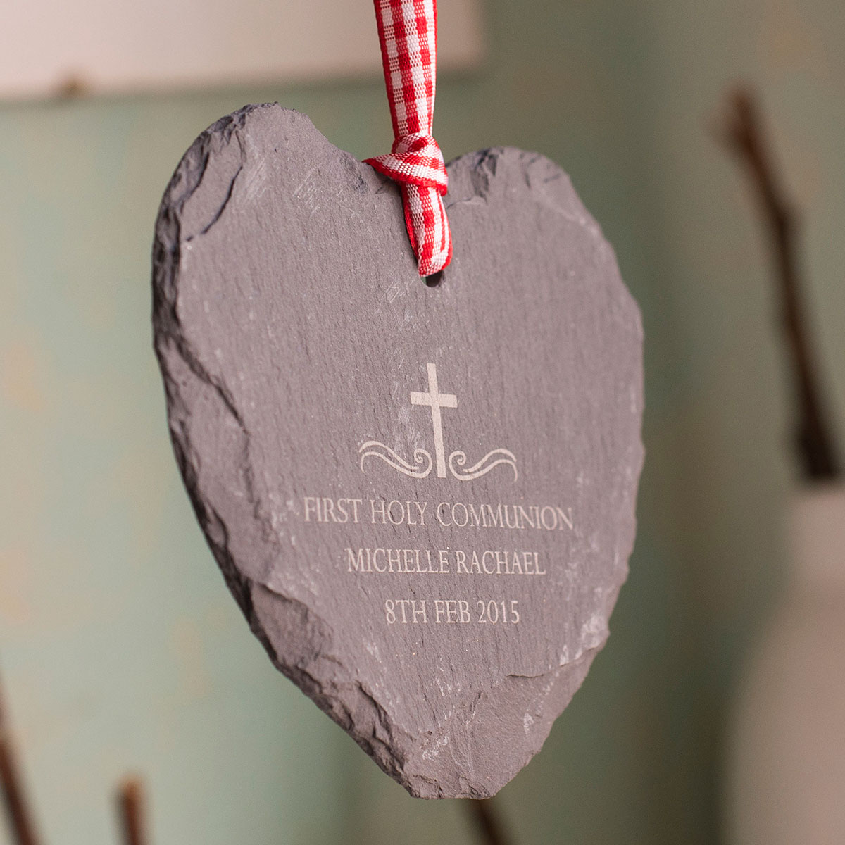 Personalised Heart-Shaped Slate Hanging Keepsake - Holy Communion