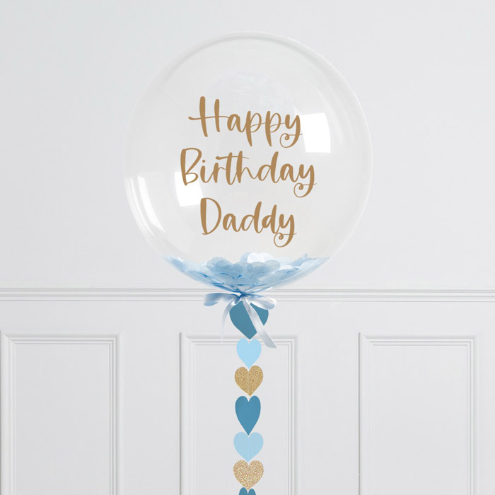 Personalised Blue Heart Confetti Helium Bubblegum Balloon - FREE DELIVERY