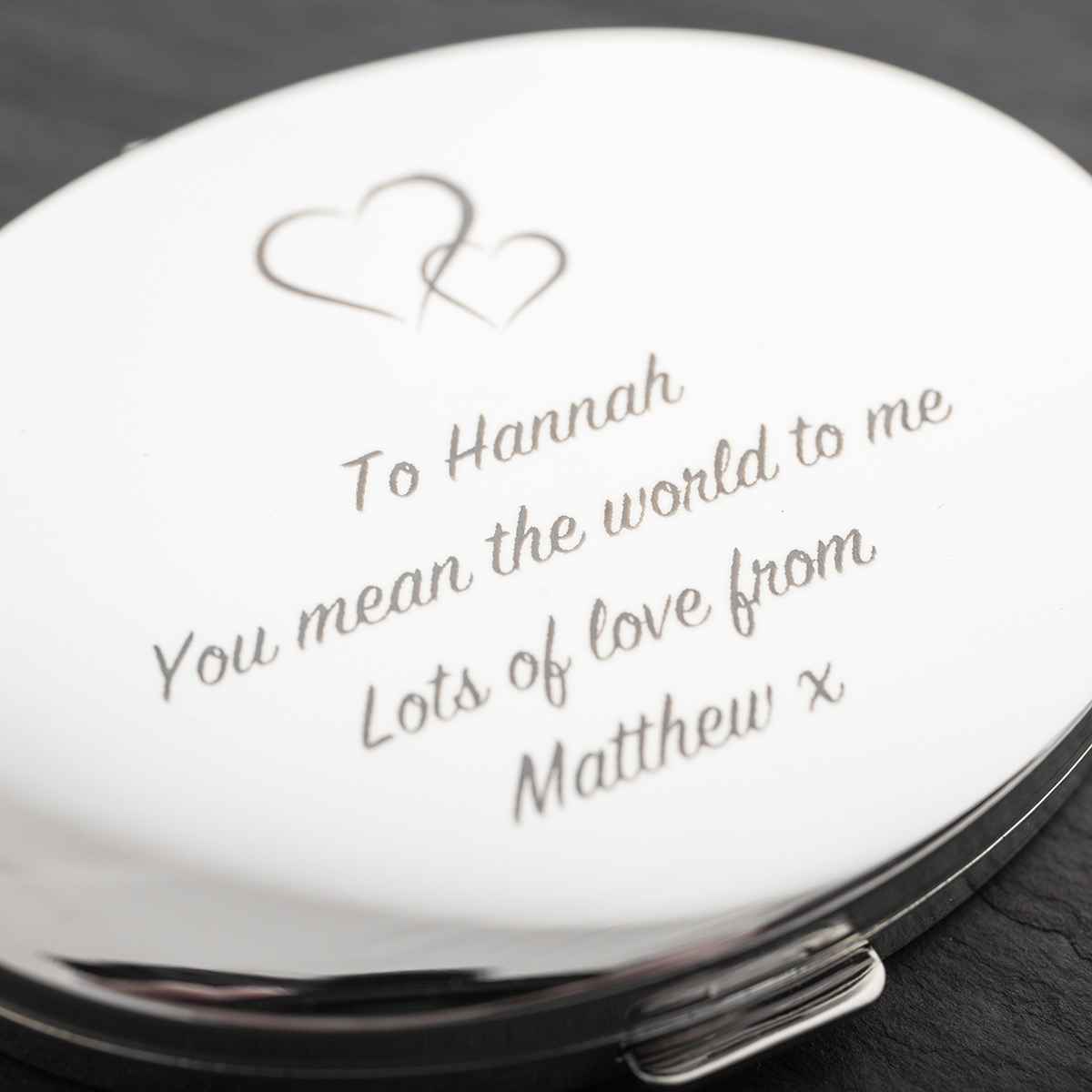 Engraved Silver Oval Compact Mirror With Hearts