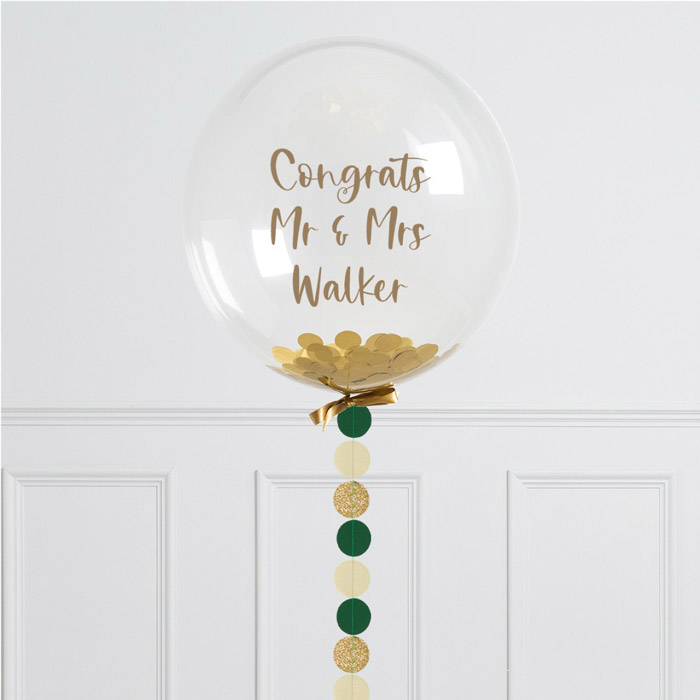 Personalised Golden Emerald Green Confetti Helium Bubblegum Balloon - FREE DELIVERY