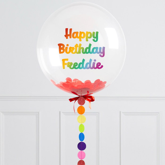 Personalised Rainbow Circle Confetti Helium Bubblegum Balloon - FREE DELIVERY