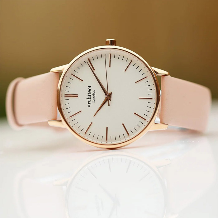 Women's Personalised Watch - Architect Blanc with Modern Font Engraving and Light Pink Strap