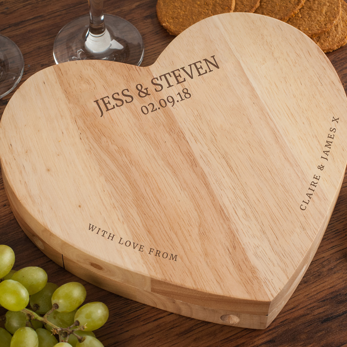Personalised Heart-Shaped Wooden Cheeseboard Set