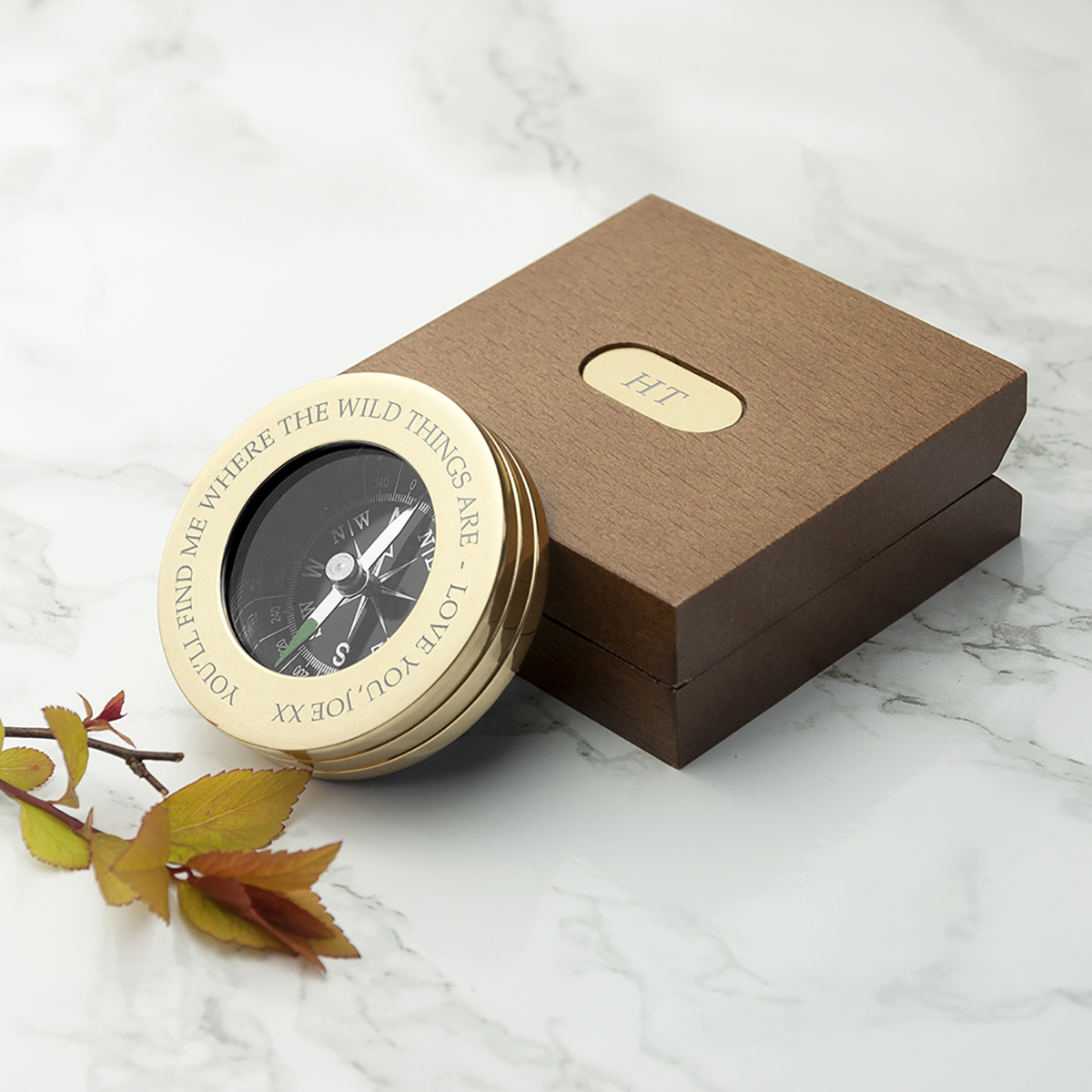 Personalised Brass Traveller's Compass With Personalised Wooden Box