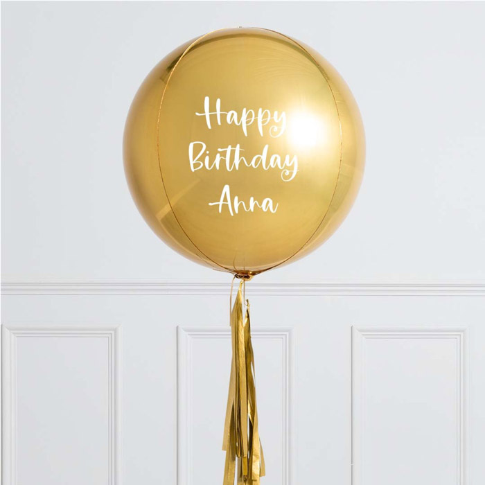 Personalised Gold Tassel Helium Orb Bubblegum Balloon - FREE DELIVERY