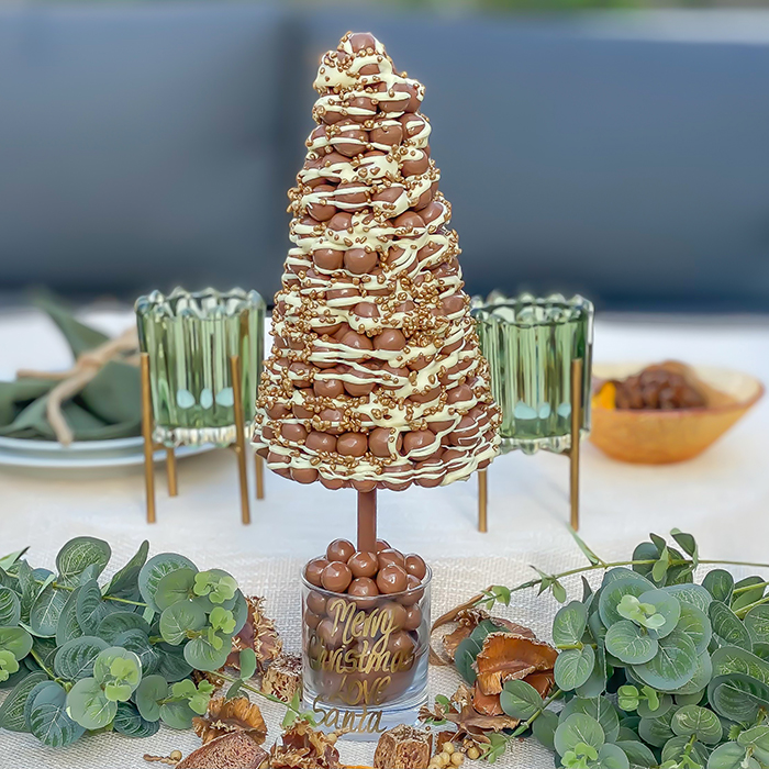 Personalised Malteser Christmas Tree with White Drizzle & Gold Crunch 