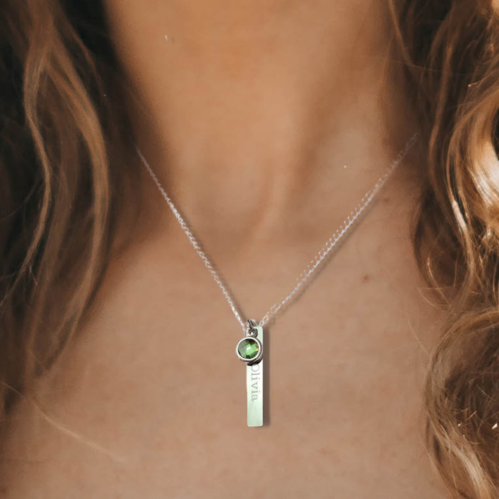 Personalised Thin Bar Necklace & Birthstone Charm