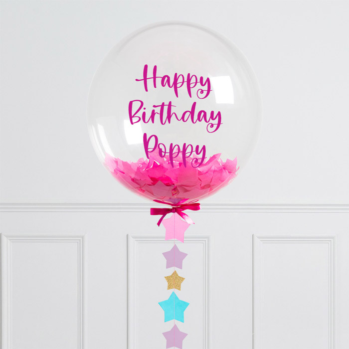 Personalised Pink Star Confetti Helium Bubblegum Balloon - FREE DELIVERY
