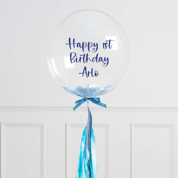 Personalised Baby Blue Tassel Confetti Helium Bubblegum Balloon - FREE DELIVERY