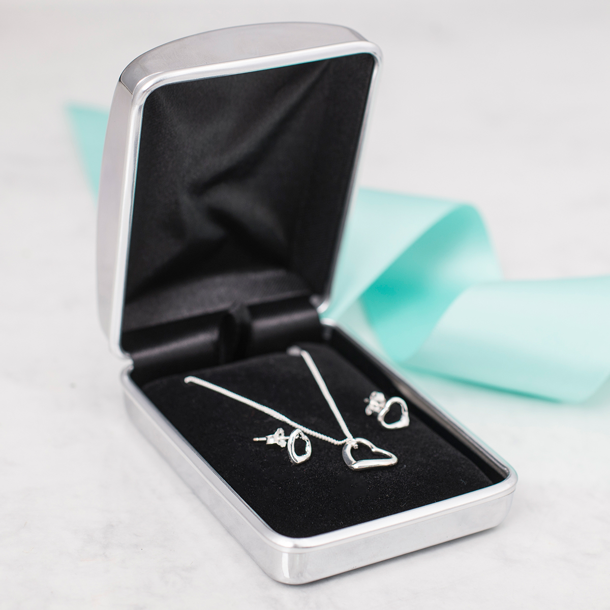 Engraved Jewellery Box With Sterling Silver Heart Necklace & Earrings