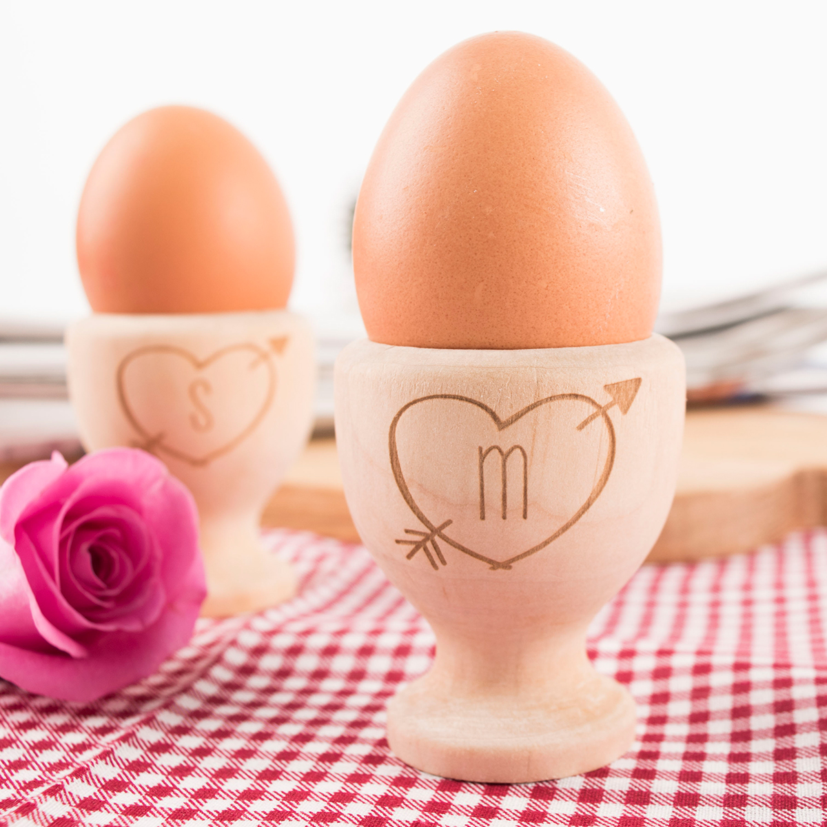 Personalised Set Of 2 Wooden Egg Cups - Love Hearts