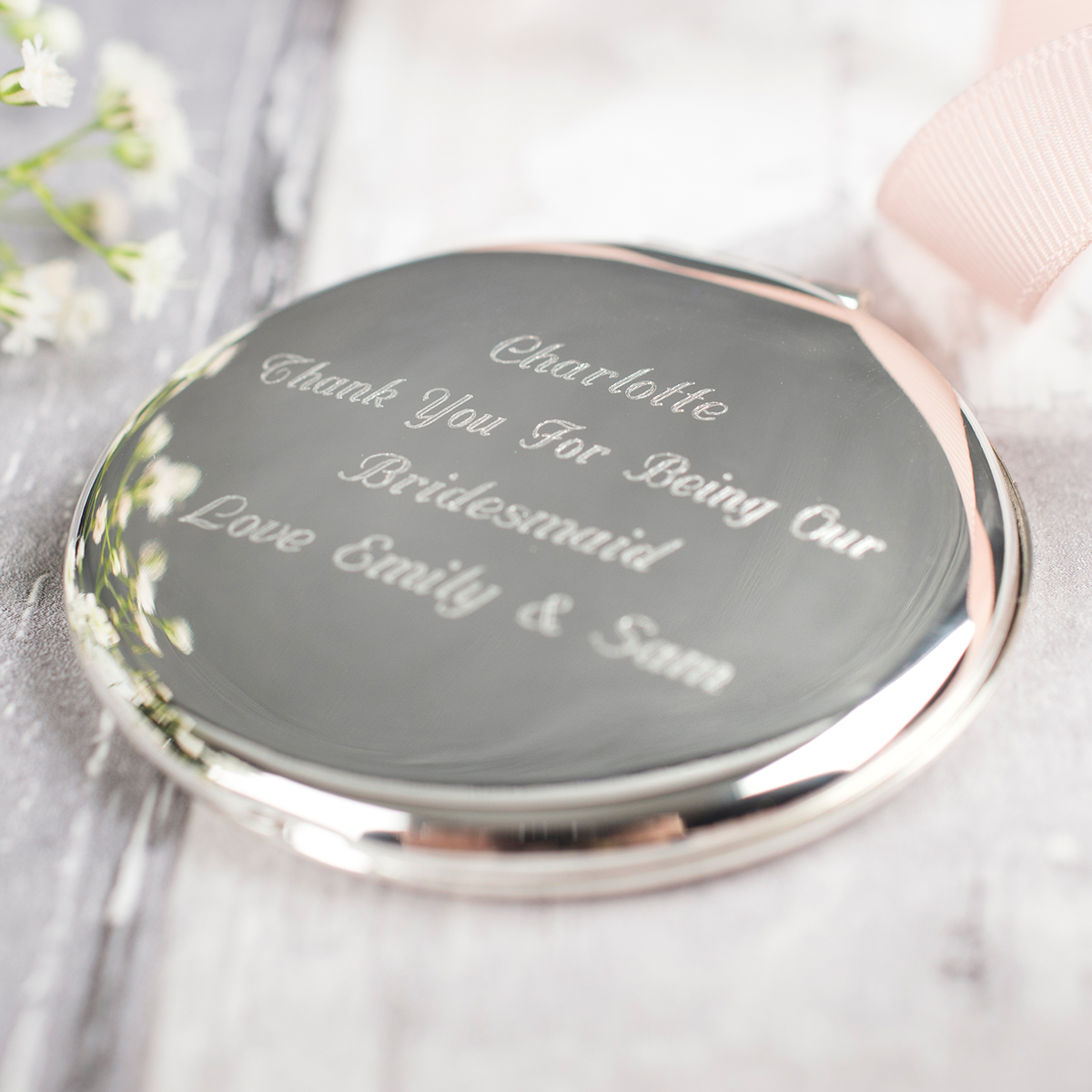 Engraved Silver Round Compact Mirror