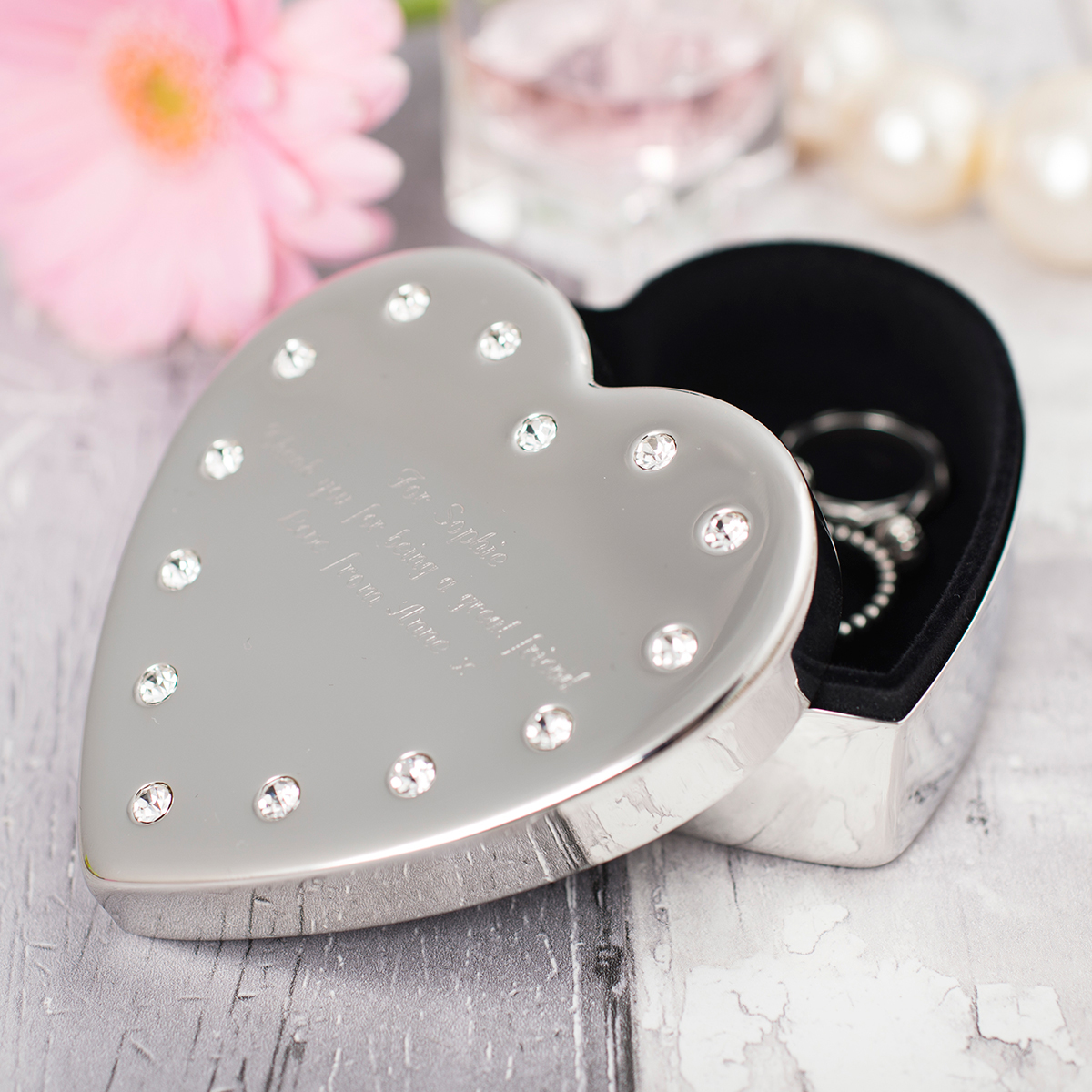 Engraved Diamante Heart-Shaped Jewellery Box
