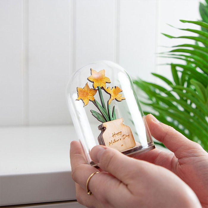 Personalised Wooden Daffodils in Glass Dome