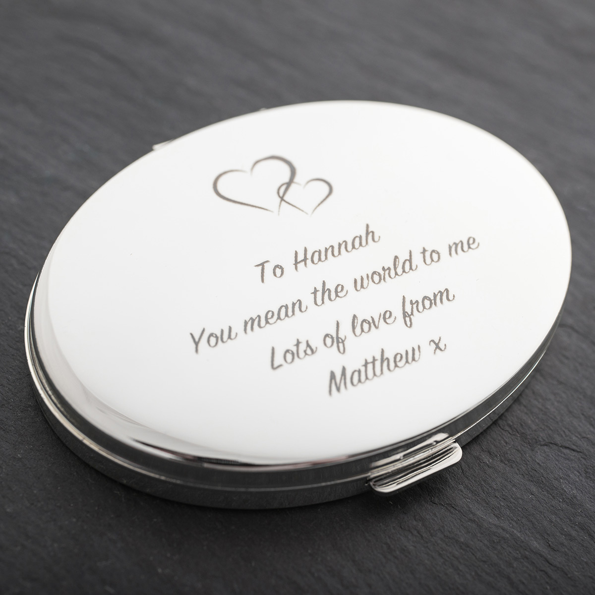 Engraved Silver Oval Compact Mirror With Hearts