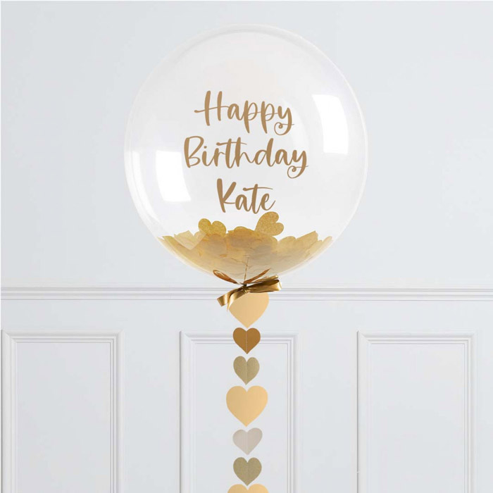 Personalised Gold Heart Confetti Helium Bubblegum Balloon - FREE DELIVERY