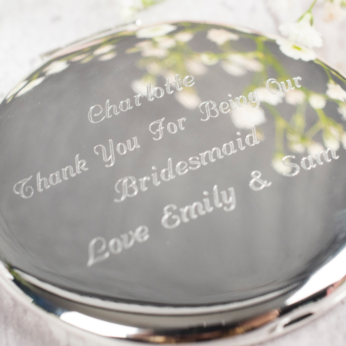 Engraved Silver Round Compact Mirror