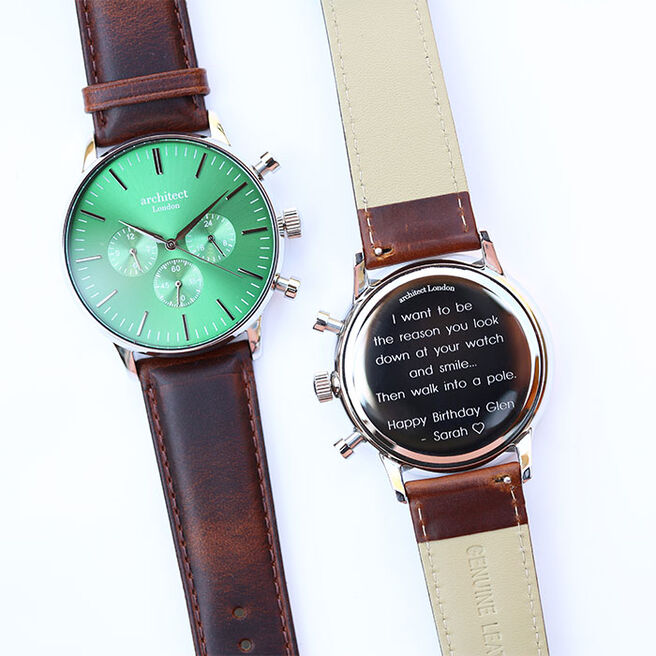 Men's Personalised Watch - Architect Motivator in Green with Walnut Leather Strap