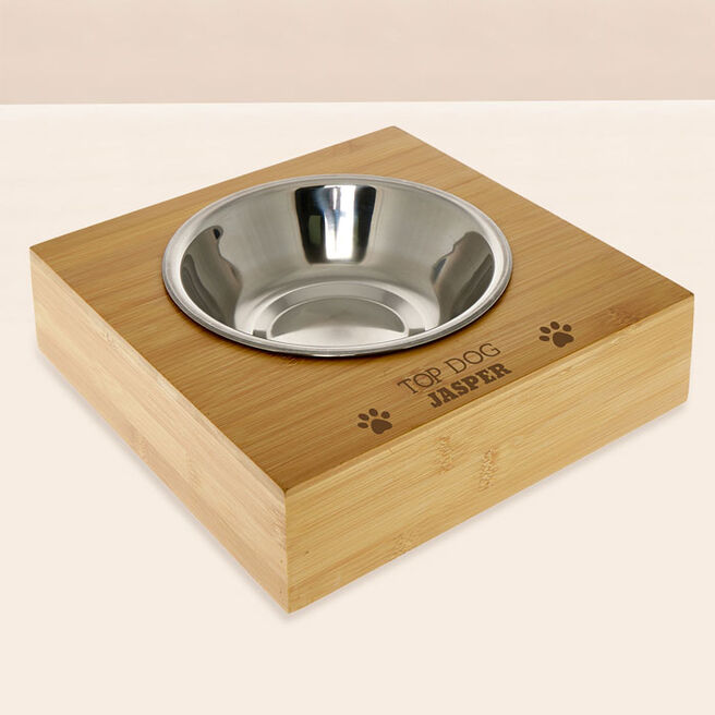 Personalised Engraved Large Bamboo Pet Bowl - Paw Print Name and Message