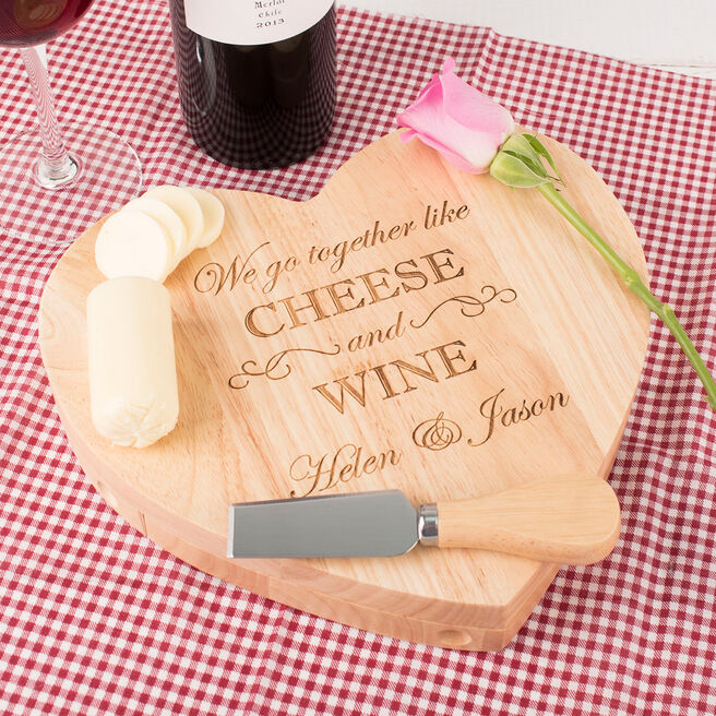 Personalised Heart-Shaped Wooden Cheeseboard Set - Go Together Like Cheese & Wine