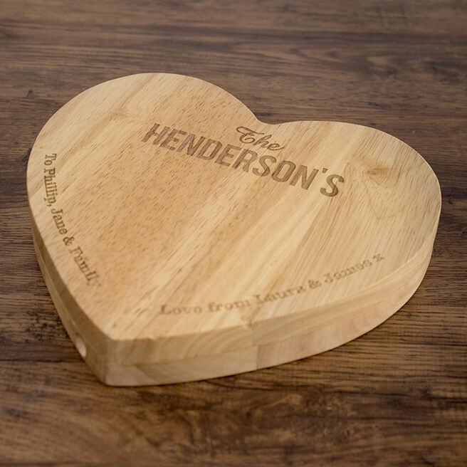 Personalised Heart Shaped Wooden Cheeseboard Set - The Family