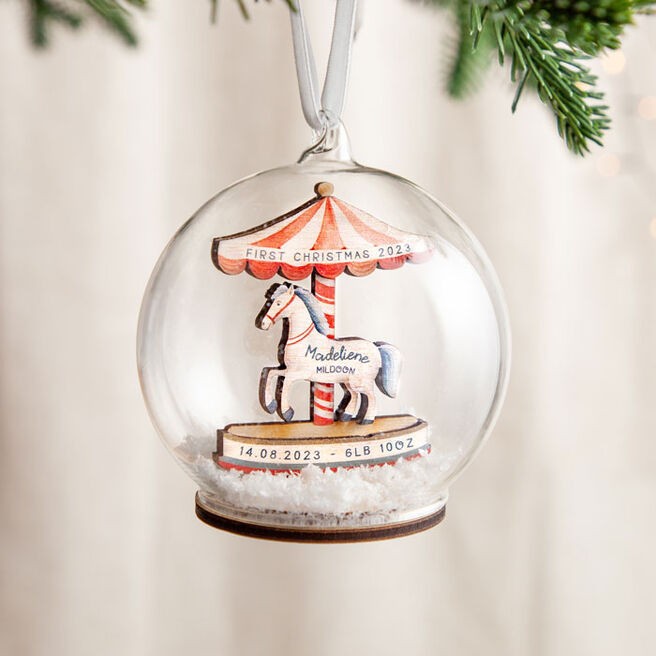 Personalised Layered Carousel First Christmas Baby Details Bauble