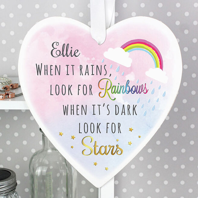 Personalised Large Wooden Heart Decoration - Rainbows & Stars