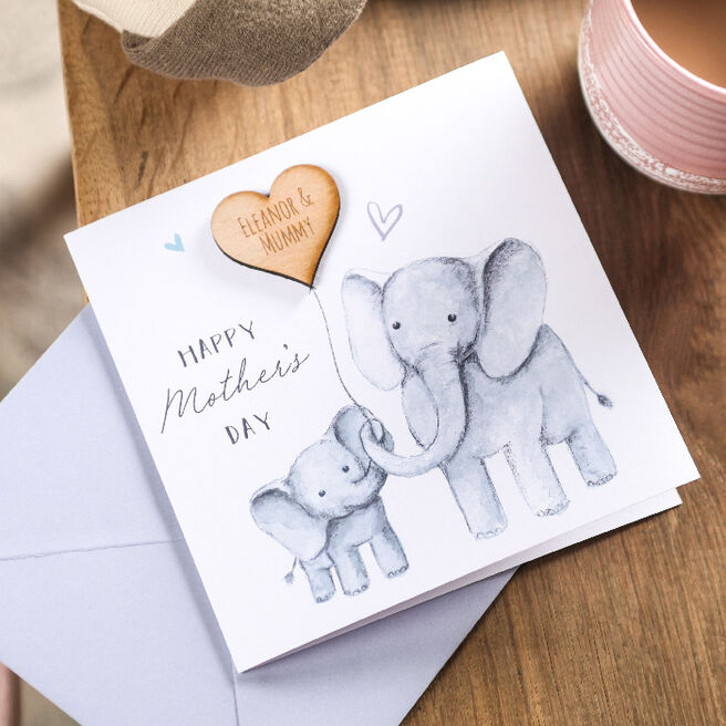 Personalised Mother's Day Card - Elephant & Wooden Balloon