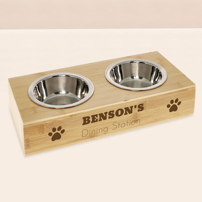 Personalised Engraved Double Pet Bowl - Paw Printed Dining Station
