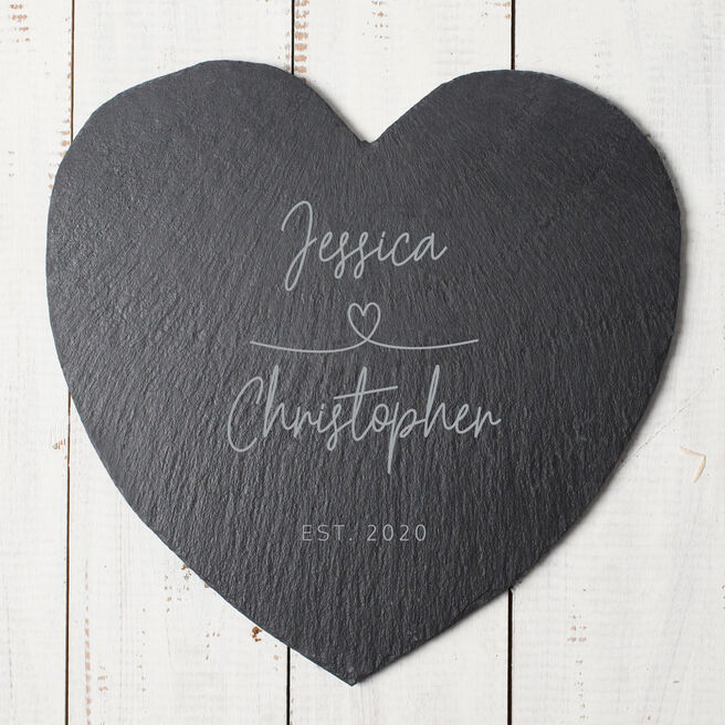 Personalised Heart-Shaped Slate Cheeseboard - Love Story Couple