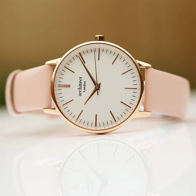 Women's Personalised Watch - Architect Blanc with Modern Font Engraving and Light Pink Strap