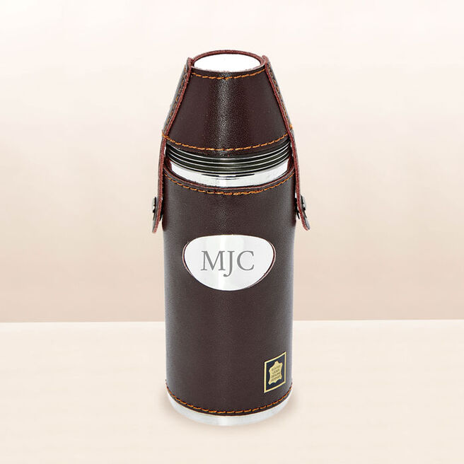 Personalised Engraved Brown Leather Hunter Flask with Cups