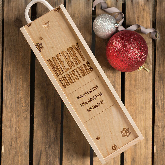 Personalised Wooden Wine Box - Merry Christmas Snowflakes