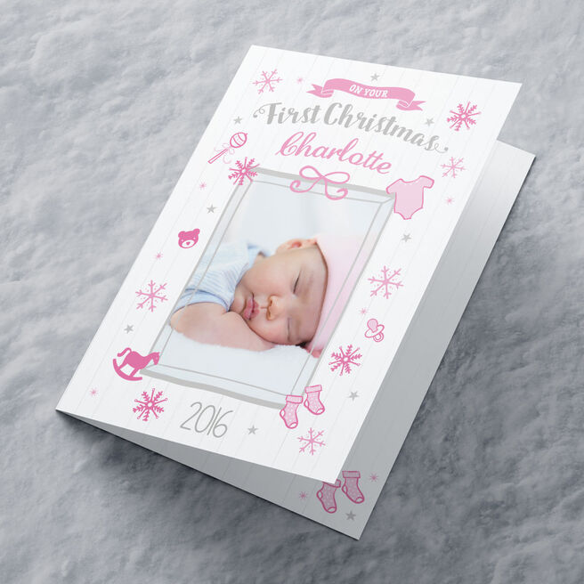 Photo Upload Christmas Card - Pink First Christmas