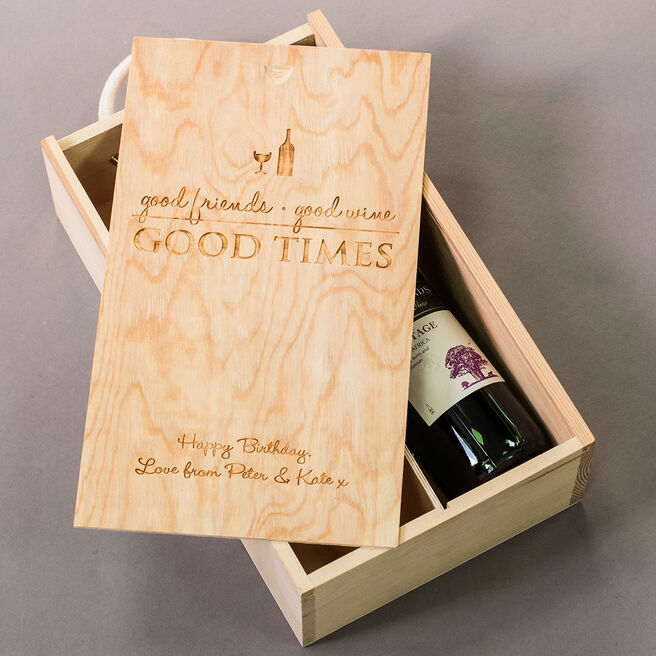 Personalised Two Bottle Wooden Wine Box - Good Friends, Good Wine, Good Times
