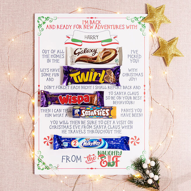 Personalised Christmas Naughty Elf Chocolate Board