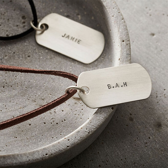 Personalised Men's Silver Dog Tag Necklace With Leather Cord