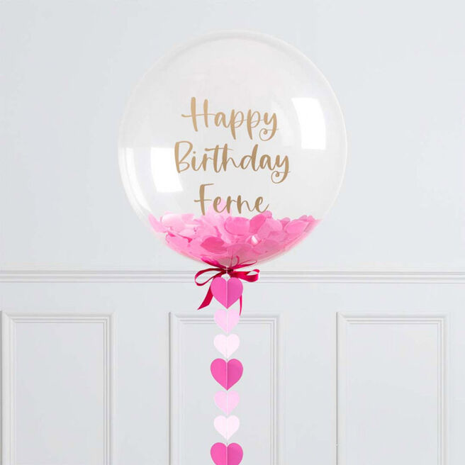 Personalised Pink Heart Confetti Helium Bubblegum Balloon - FREE DELIVERY