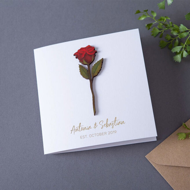 Personalised Minimal Wooden Red Rose Keepsake Card