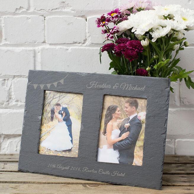 Engraved Double Slate Photo Frame - Wedding Bunting