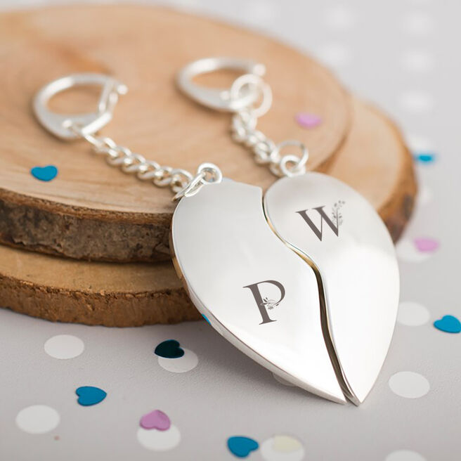 Engraved Set of 2 Heart Key Rings - Floral Initials