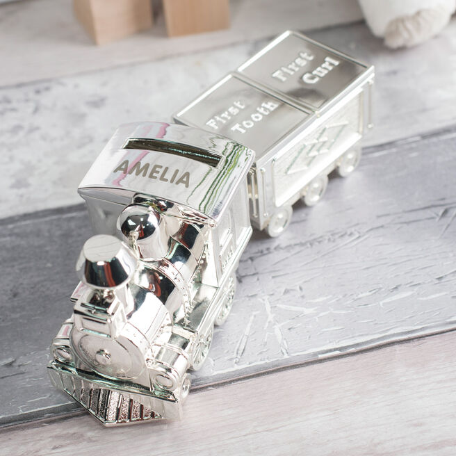 Personalised Train Money Box With Tooth & Curl Carriage