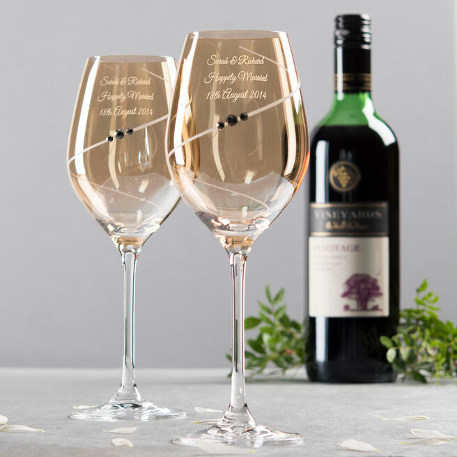 Engraved Amber Swarovski Elements Diamante Wine Glass Set