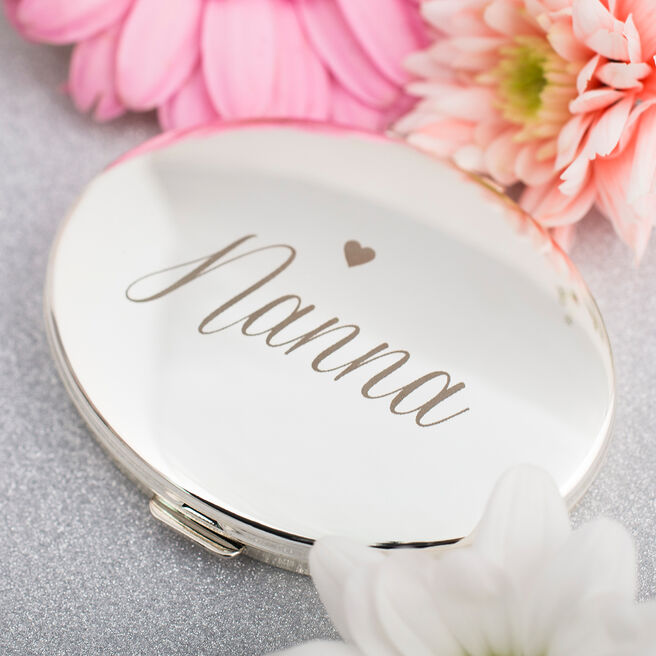 Engraved Silver Oval Compact Mirror - Heart