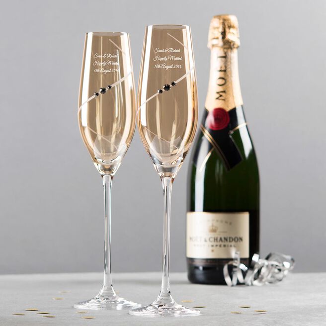 Engraved Amber Swarovski Elements Diamante Champagne Flute Set