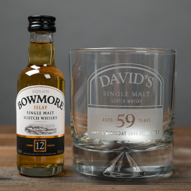 Personalised Birthday Whisky Tumbler and Bowmore Miniature