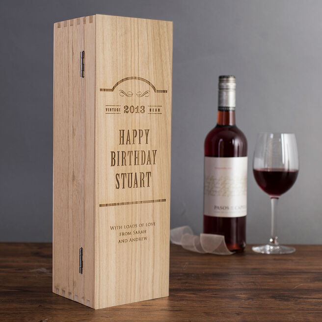 Personalised Luxury Wooden Wine Box - Happy Birthday, Vintage Year