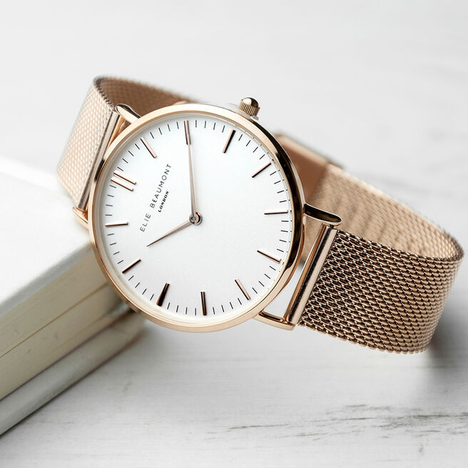 Personalised Women's Rose Gold Mesh Strap Watch With White Dial